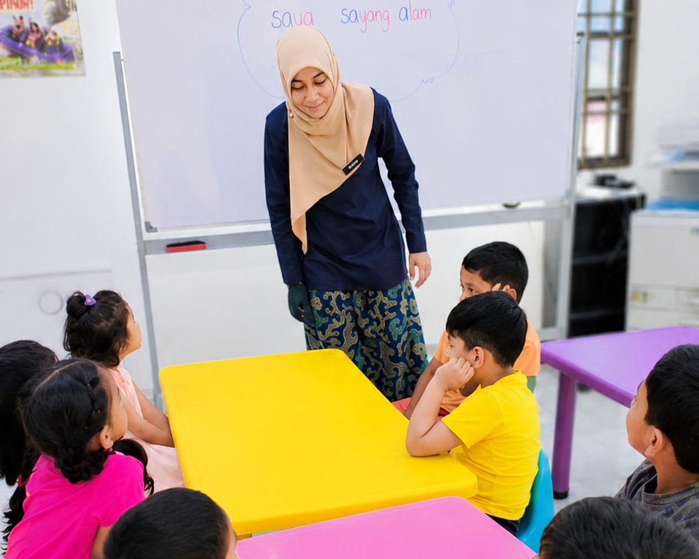 Teacher with children in the Autism Talent Discovery Class at Tadika Kreatif Mesra